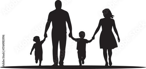 Black silhouette of a family walking hand in hand with two children white background parents