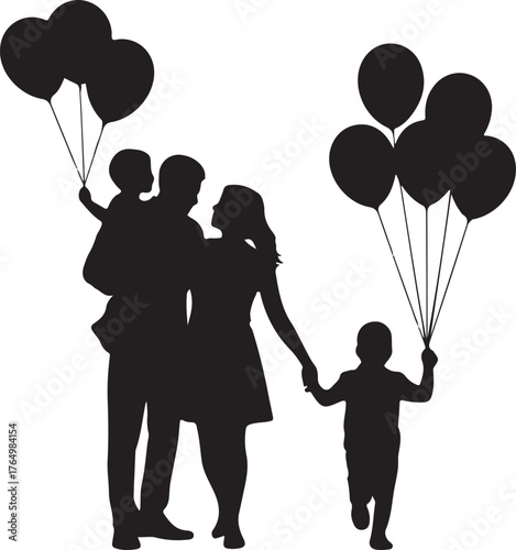 Black silhouette of a family with two children holding balloons parents