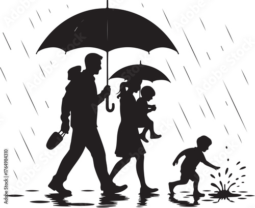 Family silhouette walking under umbrellas in the rain with child playing in puddle children