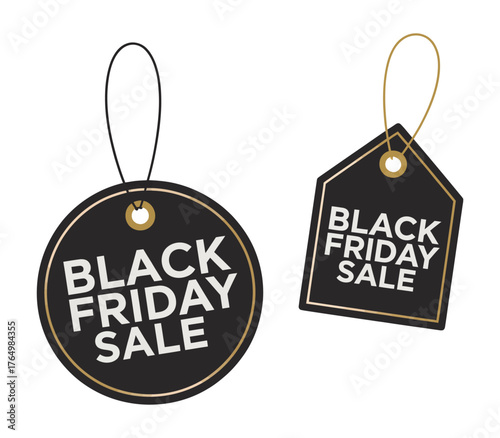 Minimalist Black Friday sale tag design featuring circular and house-shaped black tags with gold trim, bold white text, floating on white background, perfect for retail and marketing.