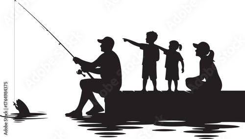 Silhouette family fishing from a dock with a fish biting the line pier