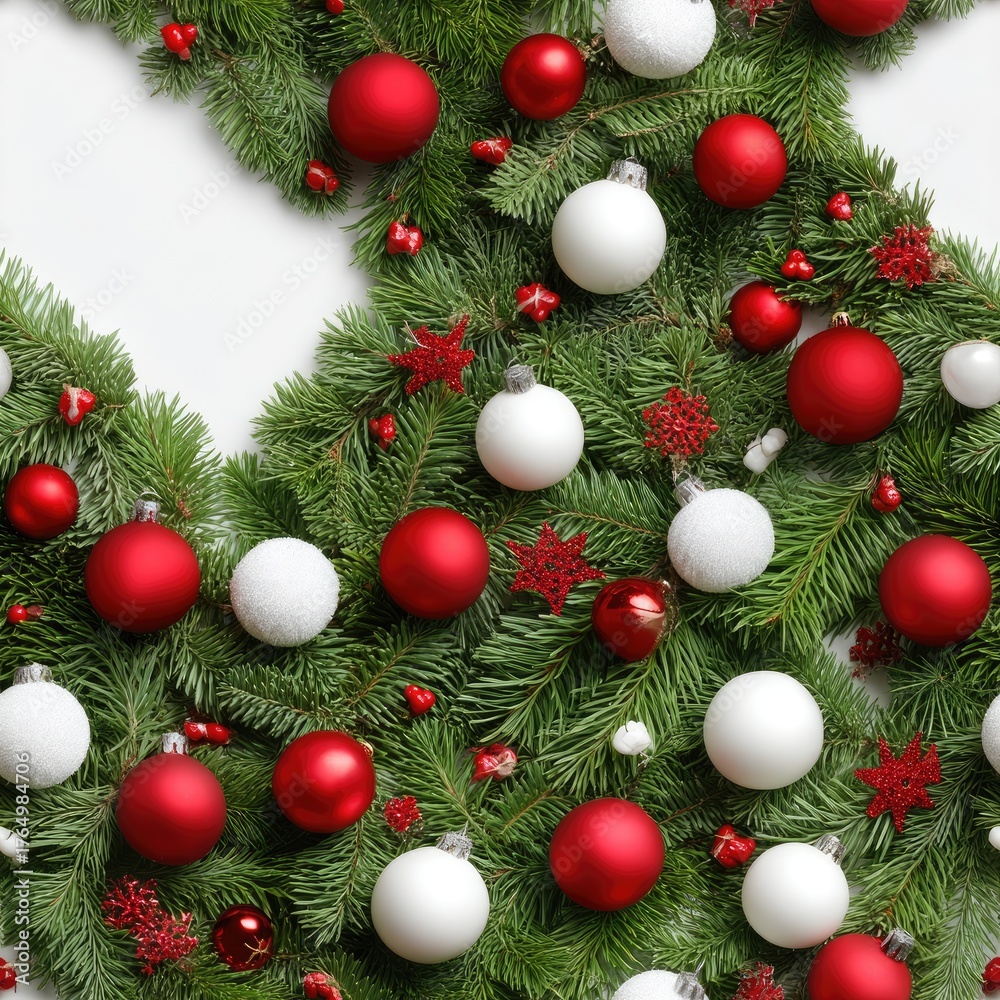 Fototapeta premium A beautiful arrangement of evergreen branches is decorated with red and white ornaments, creating a joyful holiday atmosphere SEAMLESS PATTERN