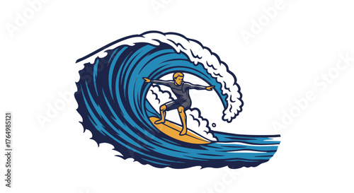 Male athlete skillfully rides a powerful, curling ocean wave on a surfboard