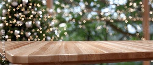 A cozy indoor scene with a wooden table, snowy views outside, and a beautifully decorated tree invites warmth and comfort