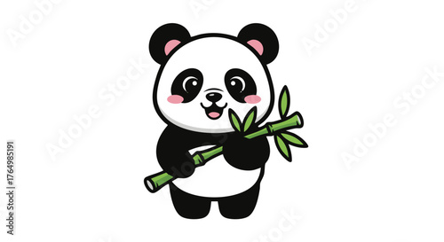 Adorable cartoon giant panda cub happily clutches a stalk of green bamboo