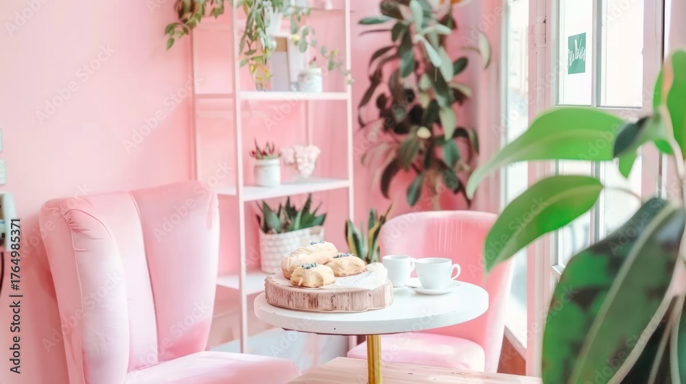 Fototapeta premium Pink Cozy Cafe Corner with Green Indoor Plants and White Table Setting