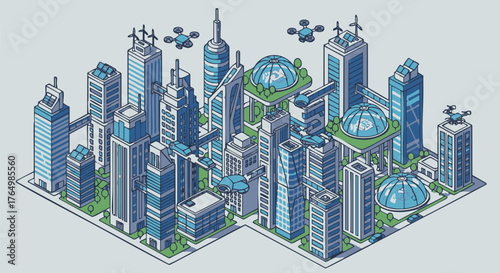 Futuristic isometric urban environment displays advanced architectural designs and autonomous transportation methods