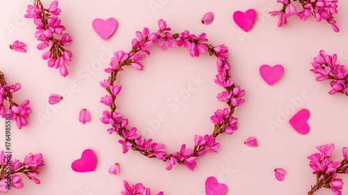 Pink Floral Heart Shape Wreath with Petals and Heart Decorations on Light Pink Background