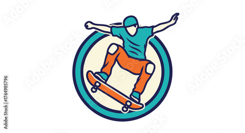 Stylized graphic depicts an athlete executing an aerial maneuver on a board sport apparatus