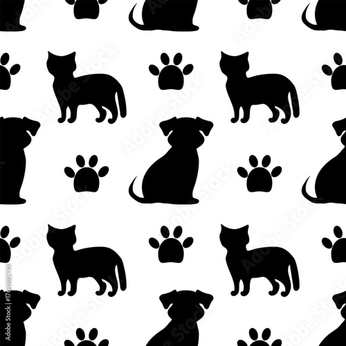 Black and white seamless pattern with cats, dogs and paws is a universal zoophone for shops and veterinary clinics