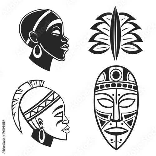 Set of african woman and mask in vector