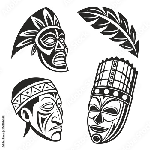 Set of african masks and feather in vector