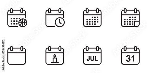 Calendar Icons With Basketball, Clock, Candle, Month And Date schedule planning