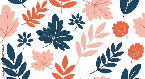 Stylized botanical pattern featuring assorted foliage shapes in muted colors on a bright background