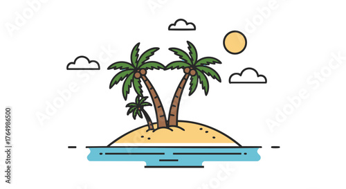 Simple graphic depicts a small tropical island with palm trees floating in the ocean under a bright sun and scattered clouds