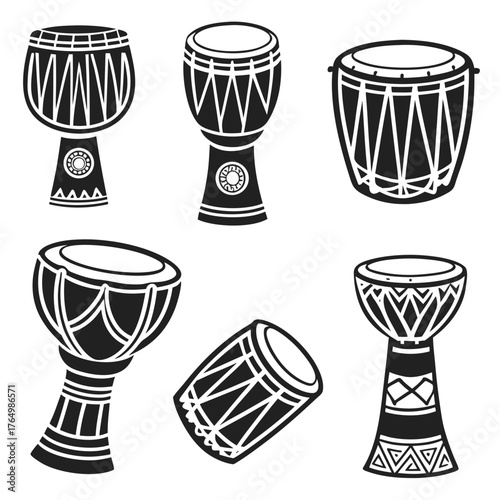 Collection of african drums in black and white