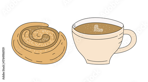 Coffee cup, sweet cinnamon bun, color drawing, doodle. Delicious baked goods, sweet nutritious snack. Hand-drawn element for cafes, menus, and recipes. Coffee bean. Line icon.