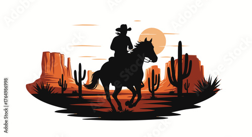 Silhouette of a mounted rider traversing a sunlit desert landscape filled with massive rock formations and tall columnar cacti