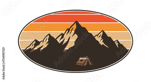 Stylized depiction of rugged mountain peaks above a forest and solitary tent at sunset