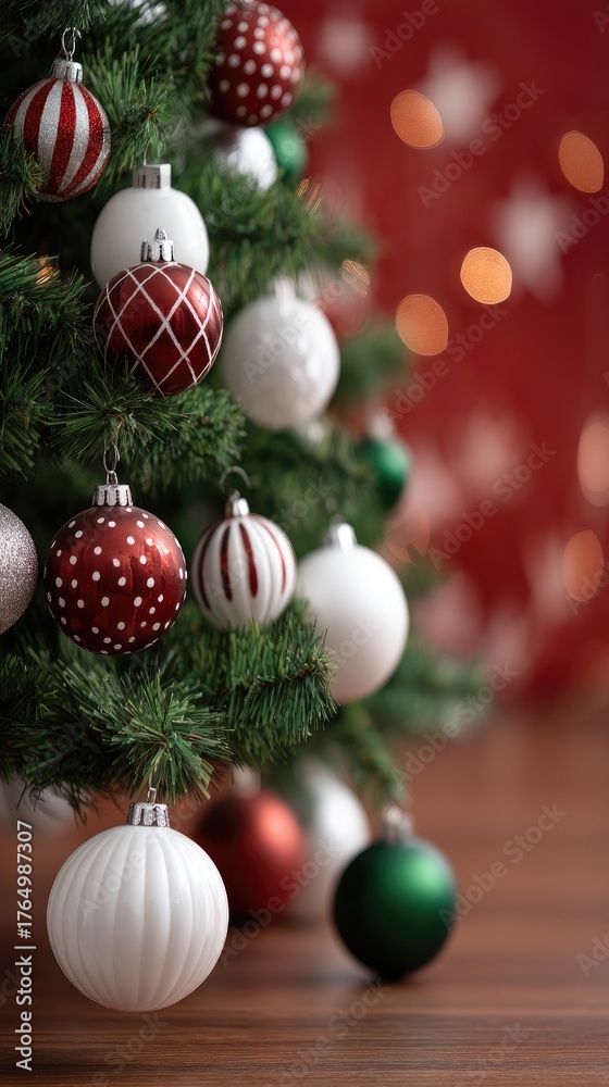 Fototapeta premium A beautifully decorated Christmas tree features shiny ornaments in various colors with snow gently falling, creating a joyful atmosphere