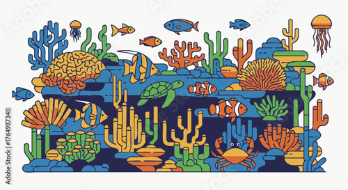 Vibrant illustration depicts diverse marine life inhabiting a colorful coral reef ecosystem