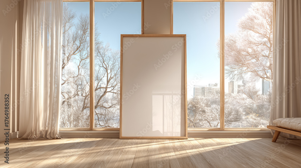 Fototapeta premium Blank vertical poster frame mockup in a modern sunlit living room with a snowy winter window view.