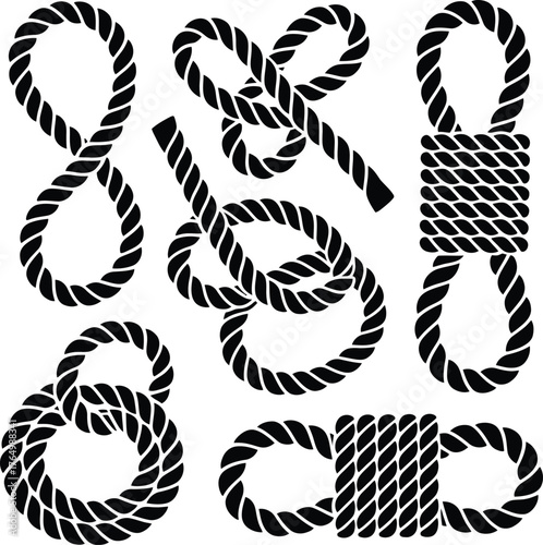 Collection of rope knots and loops in black and white