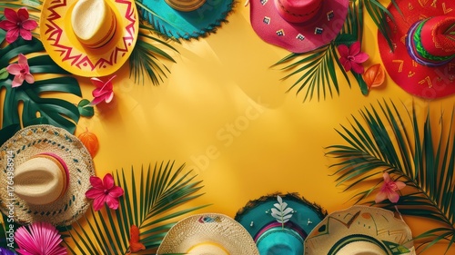 Yellow background with straw hats, colorful flowers, and palm leaves
