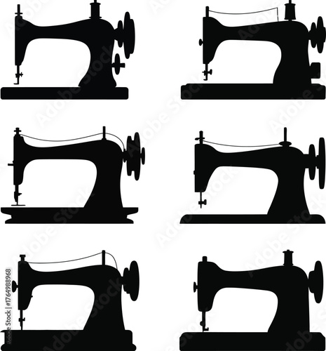 Six silhouettes of vintage sewing machines