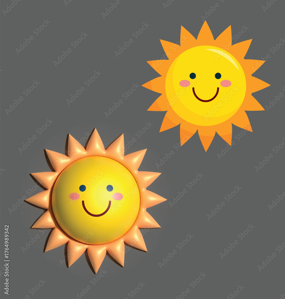 Fototapeta premium Happy summer sun cartoon character illustration with a bright smile, radiating yellow vector sunshine
