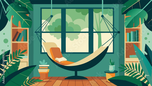 A cozy reading nook with a hammock suspended from the ceiling surrounded by leafy plants and natural light pouring in from a nearby window.