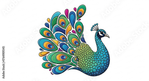 Elegant peacock illustration with vibrant colors and intricate feather details design