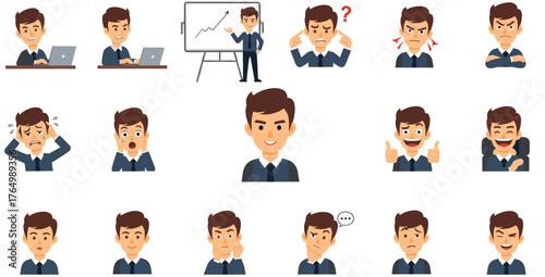 Cartoon man expressing workplace emotions and reactions, including confusion, anger, sadness, celebration, thinking, presenting, crying, and productivity scenes.