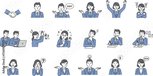 Cartoon business people vector set showing emotions, teamwork, frustration, ideas, confusion, celebration, stress, presentation, handshake, communication