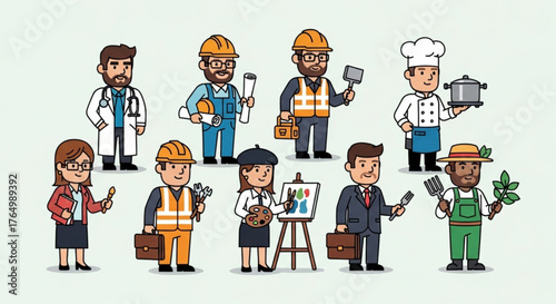 Diverse group of cartoon people representing various professions and occupations