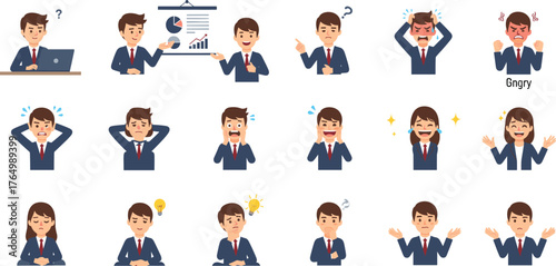 Cartoon businessperson expressing emotions and actions in office scenarios, including confusion, anger, happiness, thinking, presenting, crying, and working.