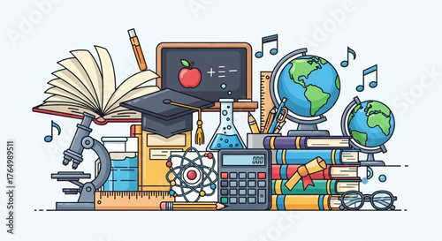 Education and learning concept with books globe microscope and school supplies