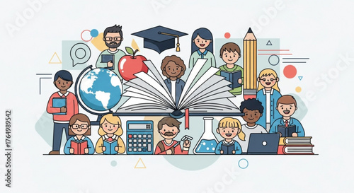 Diverse group of students and teachers with educational symbols in a flat design