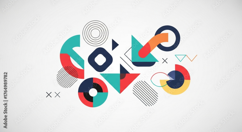 Obraz premium Abstract geometric composition with circles triangles and lines on white