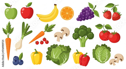 Colorful assortment of fresh fruits and vegetables for healthy eating and nutrition