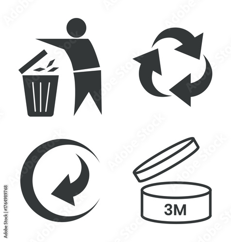 Set recycle sign or packaging sign for products. Period After Opening PAO label. Green dot recycling symbol. Recycling Codes. Don't litter sign. Vector Illustration.