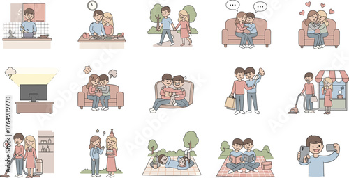Cartoon couple lifestyle vector set showing cooking, hugging, shopping, cleaning, reading, arguing, celebrating, relaxing, love, picnic, selfie 