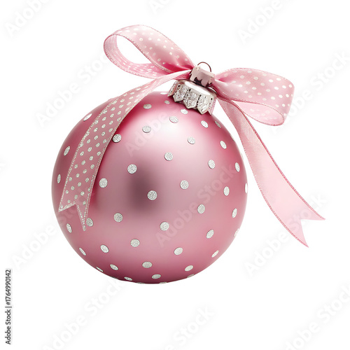 A delicate pale pink christmas ornament adorned with white polka dots and a festive pink ribbon bow isolated on transparent background