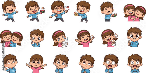 Cartoon-style emotional expressions of children, showing happiness, sadness, anger, surprise, confusion, frustration, fear, and social interaction.