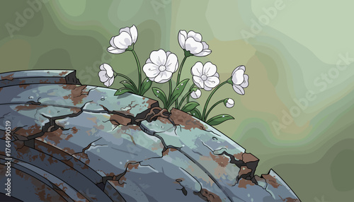 Delicate white anemone flowers bloom vibrantly from cracks in weathered, rusted, and broken metal, symbolizing resilience and new life emerging from decay and destruction in a serene, soft-focus