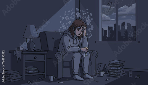 A young woman sits alone in a dimly lit room, clutching a tissue, her head in her hand, with fragmented, skull-like shapes and broken glass floating above her, symbolizing PTSD and mental distress