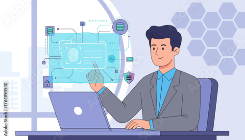 Digital Identification Concept: A Businessman Interacts with a Futuristic Interface Featuring Fingerprint Scan, Data Security Icons, and Network Connections, Illustrating Biometric Authentication and