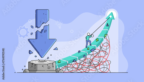 Conceptual illustration of overcoming challenges and achieving success, depicting a broken down arrow symbolizing failure and a determined person climbing a rising arrow representing progress and