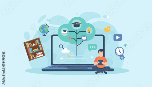 Vibrant flat illustration depicting the concept of e-learning and online education, featuring a laptop with a cloud-based learning tree, a student with a tablet, a bookshelf, a globe, and icons