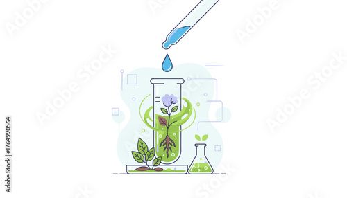 Vibrant illustration of a scientific experiment involving plant growth in a test tube, with a dropper adding a liquid sample, symbolizing biotechnology, research, and innovation in a clean, modern